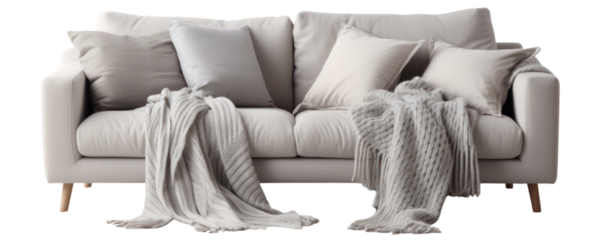 Light gray sofa, blanket, and pillow on white background