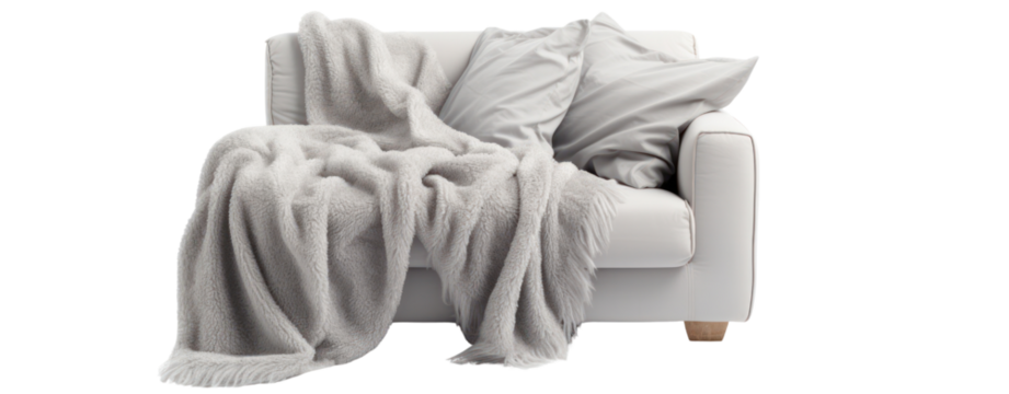 Light gray sofa, blanket, and pillow on white background - Powered by Adobe