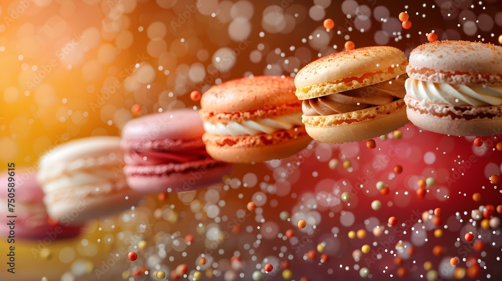 Poster exquisite macarons falling in a dynamic shot with vibrant background and centered composition. conce