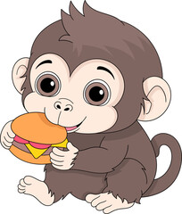 cartoon doodle illustration, a baby monkey is sitting eating a delicious burger