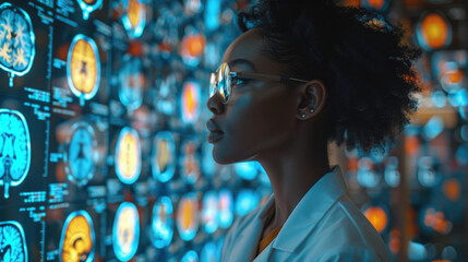 African American female doctor or student looking at futuristic medical charts with augmented reality VR glasses at a high tech hospital