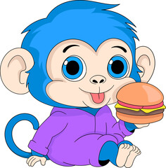 cartoon doodle illustration, happy blue monkey sitting showing a delicious burger