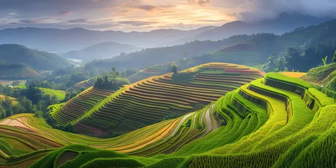 Fototapeten Magnificent rice terraces placed among mountains. Layers of terrace full of ripe harvest cultivated by diligent field keepers. Asian rice farm © Bonsales