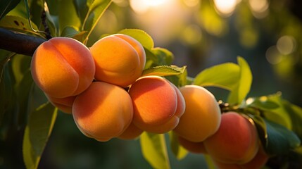 Close up of ripe apricots on tree branch with garden background in detailed macro photography