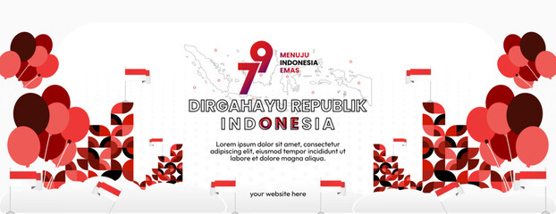 Indonesian Independence Day background in colorful geometric style. Happy 17 august, 79th Indonesian National Day greetings banner with typography. Dirgahayu Republik Indonesia. Vector Illustration