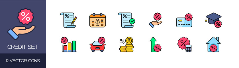 Credit icon set. Flat style. Vector icons