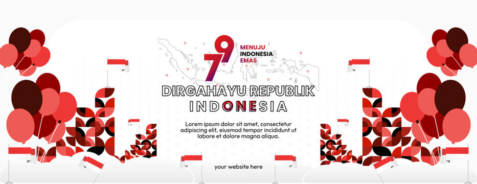 Indonesian Independence Day background in colorful geometric style. Happy 17 august, 79th Indonesian National Day greetings banner with typography. Dirgahayu Republik Indonesia. Vector Illustration