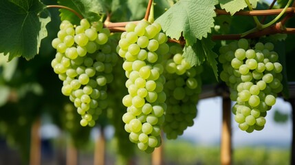 Fototapeta premium Macro view of hanging green grapes on vineyard branch with lush green leaves in the background