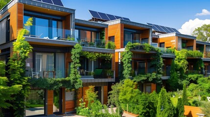 Fototapeta na wymiar Residential complex featuring energy-efficient multifamily homes adorned with verdant green balconies, rooftop gardens, and integrated solar panel systems, exemplifying sustainable urban living.