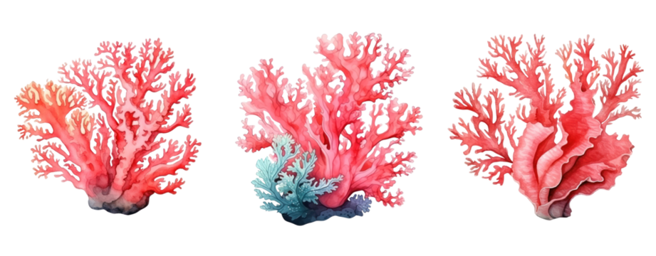Set of watercolor red coral on transparent background.