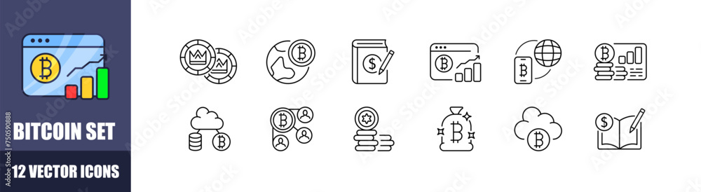 Poster bitcoin icons set. linear style. vector icons