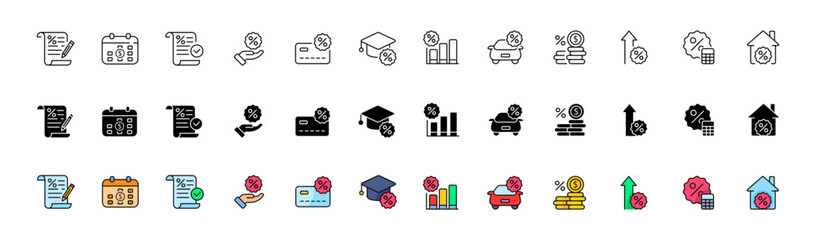 Credit icon collection. Linear, silhouette and flat style. Vector icons