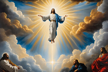 Ölgemälde von Jesus Christus im Himmel umgeben von Licht, Ostern Auferstehung. Gold, Schwarz, Blau,  und Grau, - obrazy, fototapety, plakaty