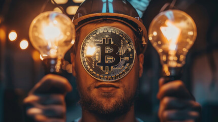 Man with bitcoin over his face holding light bulb in hands, bitcoin background. Virtual cryptocurrency and finance concept