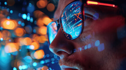 Focused crypto trader analyst wearing eyeglasses analyzing online trading stock exchange market