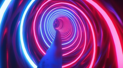 an 80s cartoon background, hypnotic spiral, CG animated, red white & blue neon colors, retro synthwave aesthetic