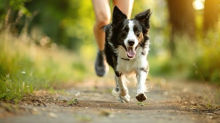 Photo of a woman jogging with her black and white border Collie dog in a summer park. Cardio training of an athlete with his pet