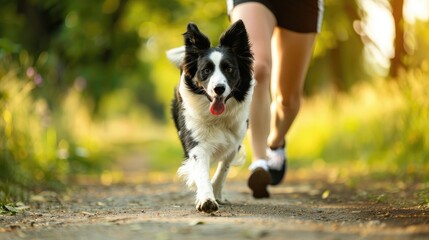 Naklejka na ściany i meble Photo of a woman jogging with her black and white border Collie dog in a summer park. Cardio training of an athlete with his pet