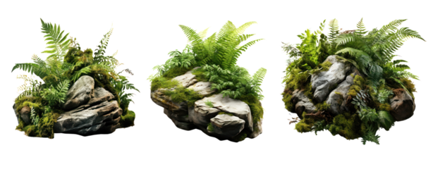 Set of stone rock fern tropical nature moss green leaf forest