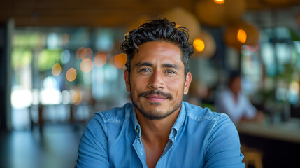 Business portrait of Latino man in blue shirt.