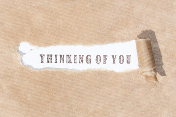 Thinking of you message. Brown paper torn stripe with text on white paper background