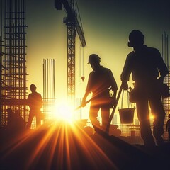 Bauarbeiter auf der Baustelle in der Morgensonne - obrazy, fototapety, plakaty