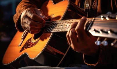 Close up photo of a man playing on a guitar
