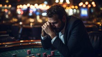 A sad man sitting at a gambling table in casino.