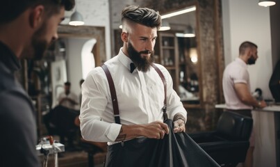 Barber in a barbershop makes a customer's new haircut and trims a beard