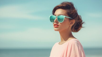 Attractive lady in sunglasses enjoying the ocean view vintage style bright pastel color