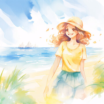 Young woman feeling the happiness of a sunny beach day watercolor tone pastel 3D Animator