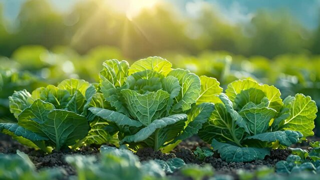 Fresh kale field. Curly kale fresh green leaves on field. Bunches of fresh kale in the garden. Curly cabbage leaf kale plant field leaves. Bio organic plantation. Brassica oleracea. 4k video sunlight