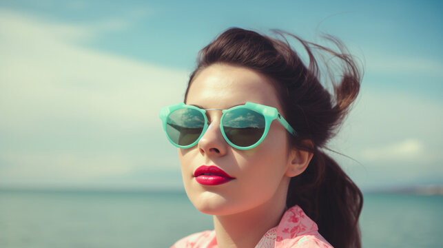Attractive lady in sunglasses enjoying the ocean view vintage style bright pastel color