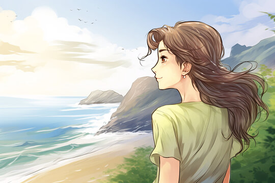 Female enjoying the coastal view on a sunny day watercolor tone pastel 3D Animator