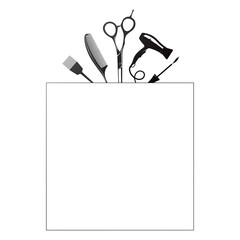 Scissors hair dryer comb brush in a square. Banner sign for beauty salon and hairdresser