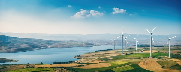 Wind turbines in beautiful landscape, production of clean and renewable energy, renewable and green energy concept - obrazy, fototapety, plakaty