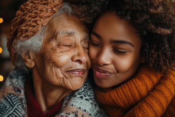 Close up portrait of a cute little girl hugging her grandmother at home. Mother's day - obrazy, fototapety, plakaty