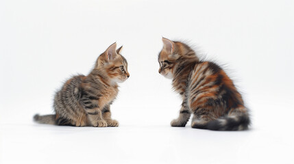 Deux chatons jouant ensemble, un chaton tabby rayé et un chaton calico, arrière-plan blanc
