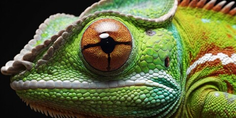 Close up of the eye of a chameleon on black background - obrazy, fototapety, plakaty