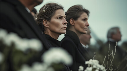 Une femme triste lors d'un enterrement. - obrazy, fototapety, plakaty