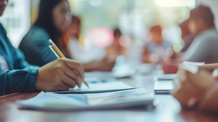 Teachers collaborating on a new educational program, Teamwork, blurred background, with copy space