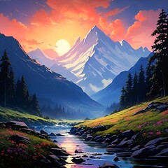 Sunset over the mountains with red clouds nature best beautiful art desig. - obrazy, fototapety, plakaty