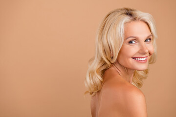 Photo portrait of lovely stunning pensioner lady toothy beaming smile beauty procedure shoulders...