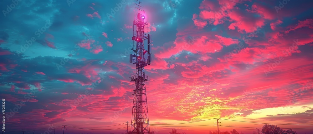 Aufkleber Mobile communication tower. Telecommunication cellular transmission tower. Wireless internet network technology. Background in 3D.