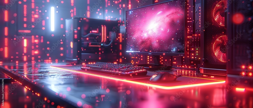 Poster a gaming computer glowing in the dark. an isometric illustration of modern computer parts, such as m