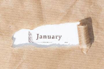 Brown paper torn stripe with ink stamp text January on white paper background