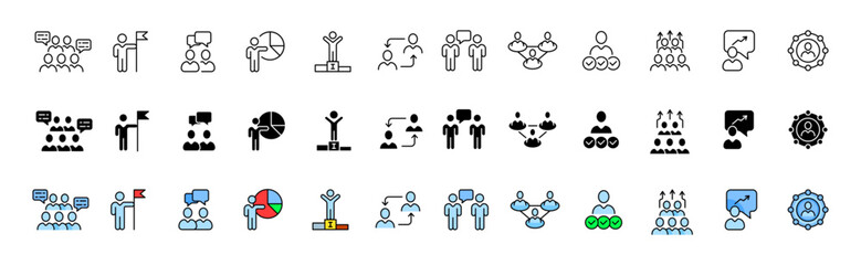 Teamwork icon collection. Linear, silhouette and flat style. Vector icons
