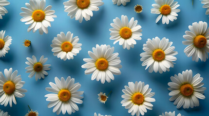 Top view of chamomile pattern isolated on blue background. High quality