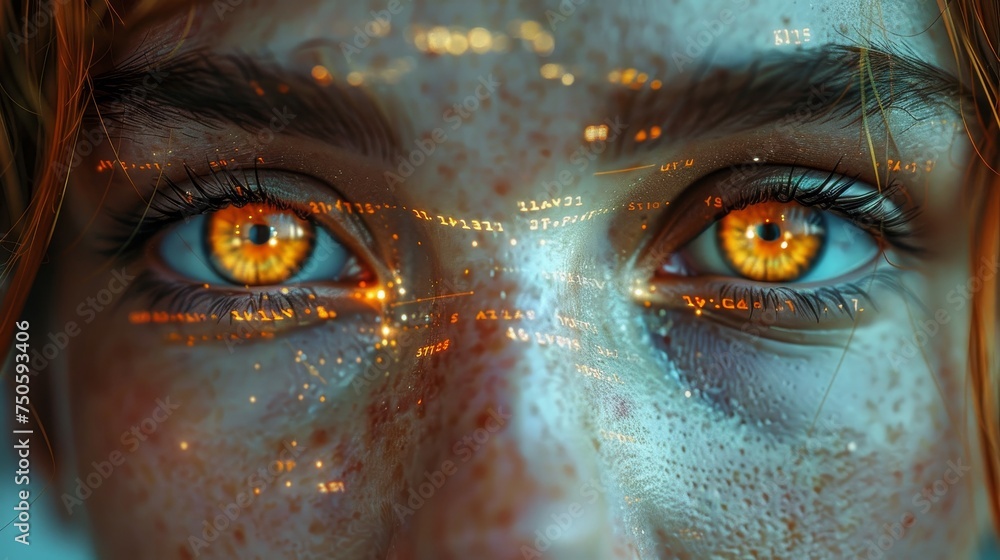 Poster An eye-hud animation of a futuristic monitor that shows code and information on a face.
