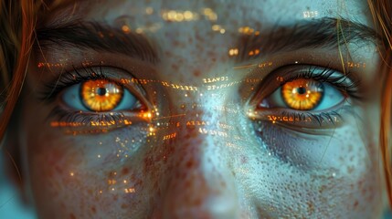 An eye-hud animation of a futuristic monitor that shows code and information on a face.